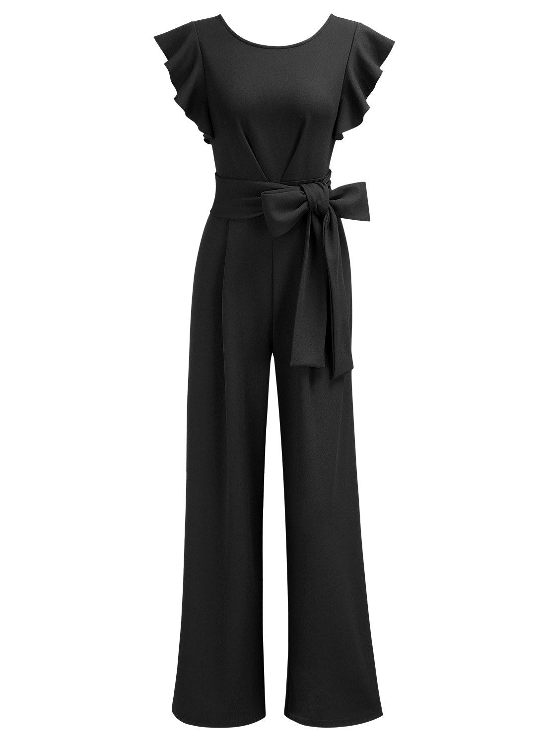 Knitee Women's Vintage Sleeveless Ruffle Formal Long Jumpsuit with Belt