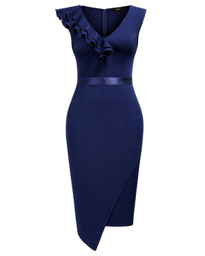 Knitee Women's Vintage Ruffle V Neck Work Cocktail Party Pencil Dress Knitee Women's Vintage Ruffle V Neck Work Cocktail Party Pencil Dress
