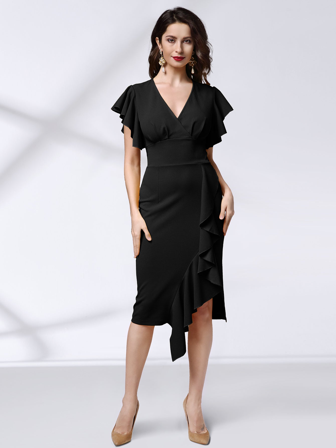 Knitee Women's Deep-V Neck Ruffle Sleeves Cocktail Party Pencil Slit Dress
