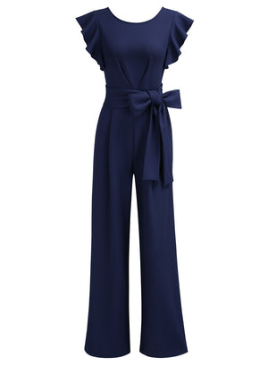  Knitee Women's Vintage Sleeveless Ruffle High Waist Wide Leg  Romper Formal Long Jumpsuit with Belt (Acid Blue, Small) : Clothing, Shoes  & Jewelry