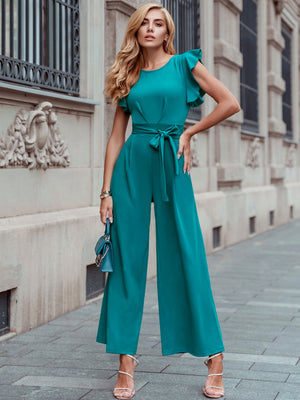 Knitee Women's Vintage Sleeveless Ruffle Formal Long Jumpsuit with Bel Knitee Women's Vintage Sleeveless Ruffle Formal Long Jumpsuit with Bel
