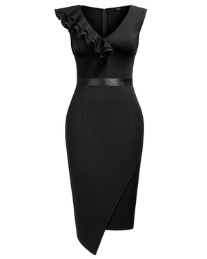 Knitee Women's Vintage Ruffle V Neck Work Cocktail Party Pencil Dress