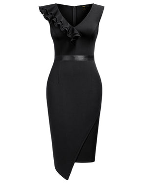 Knitee Women's Vintage Ruffle V Neck Work Cocktail Party Pencil Dress Knitee Women's Vintage Ruffle V Neck Work Cocktail Party Pencil Dress