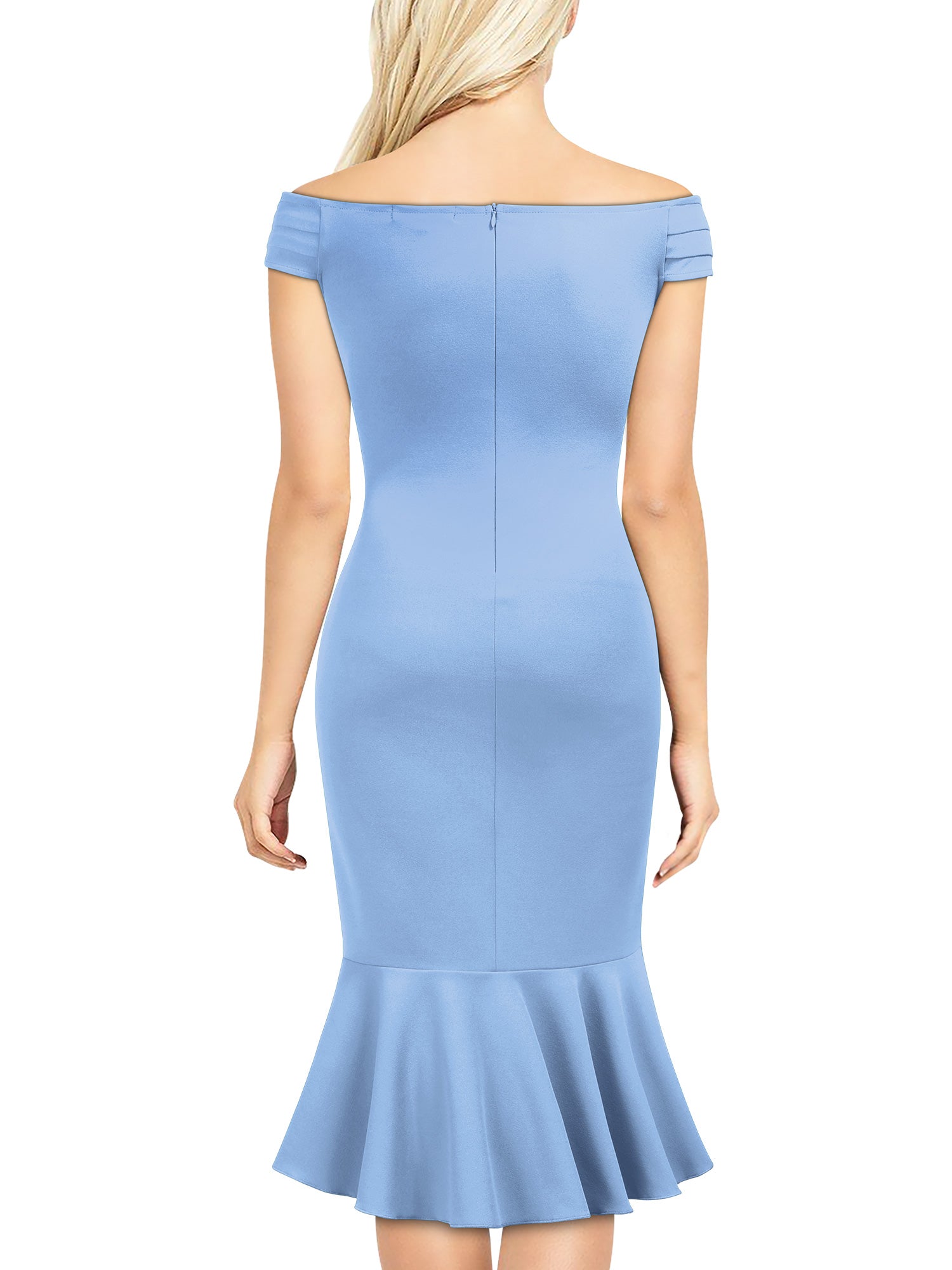 Knitee Women's Off Shoulder V-Neck Ruffle Pleat Waist Evening Cocktail Slit Formal Dress